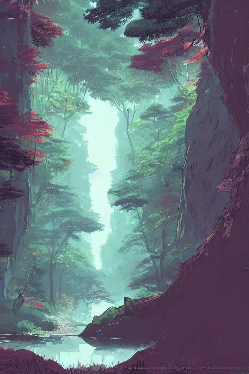 Prompt: concept art painting of a forest in a cave, artgerm, moebius, inio asano, toon shading, cel shading, calm, tranquil, vaporwave colors,