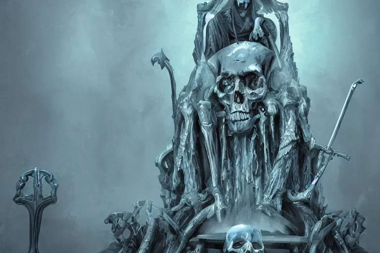 Image similar to Grim reaper sitting on a throne made of skulls, wide shot, digital art, fantasy, concept art, highly detailed, dark colors, blue tint,