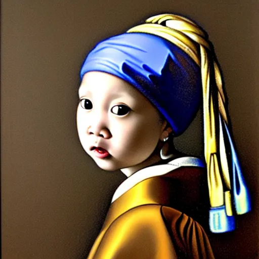 Prompt: A portrait of an Asian baby girl imitating Girl with a Pearl Earring, detailed oil painting, dark color background, by Shimoda, Hikari
