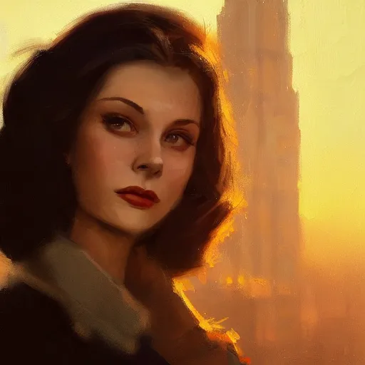 Prompt: closeup portrait of a young vivian leigh, chiaroscuro, city background, golden hour, dramatic lighting, high detail, painted by greg rutkowski, painted by igor kieryluk, trending on artstation