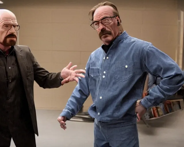 Image similar to walter white having a rap battle against saul goodman, movie still,