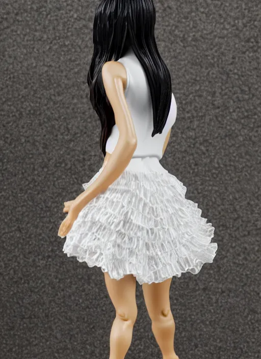 Prompt: Product Introduction Photos, 4K, Full body, 80mm resin detailed miniature of a very muscular lady in White and lacy ruffled mini-skirt, dark skin, black hair, standing, looking left