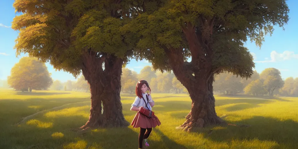 Prompt: school girl in front of a tree, highly detailed oil painting, unreal 5 render, rhads, Bruce Pennington, Studio Ghibli, tim hildebrandt, digital art, octane render, beautiful composition, trending on artstation, award-winning photograph, masterpiece