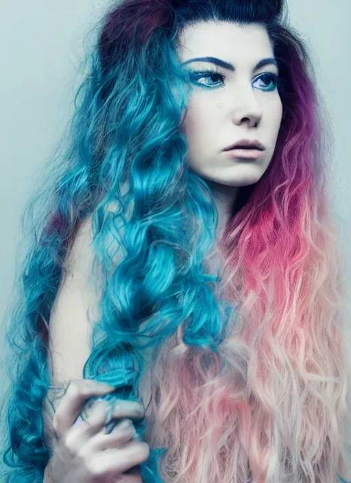 Prompt: dramatic photo of a woman with super wavy snake marble hair. moody and melanchonic. with a bit of pink and cyan