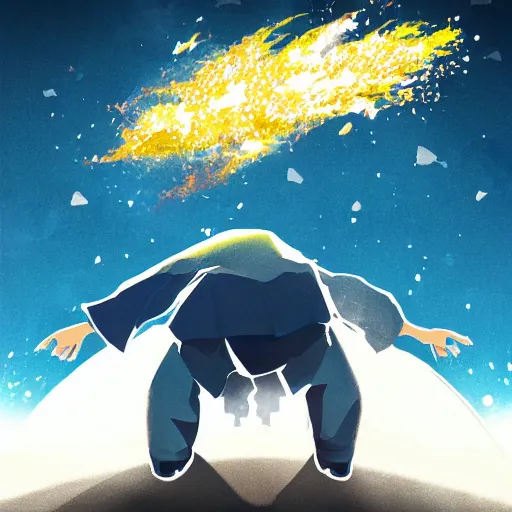 Image similar to man hitting the ground creating a explosion, anime, album cover