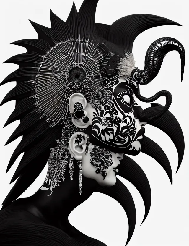 Image similar to 3 d goddess close - up profile simple portrait punk with mohawk with ram skull. beautiful intricately detailed japanese crow kitsune mask and clasical japanese kimono. betta fish, jellyfish phoenix, bio luminescent, plasma, ice, water, wind, creature, artwork by tooth wu and wlop and beeple and greg rutkowski