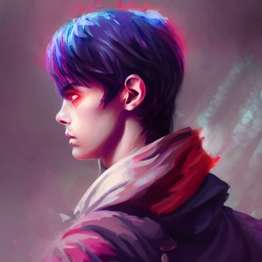Image similar to colorful and festive captivating teenager boy with straight indigo hair, purple eyes with red eye markers, slim body, wearing combat clothes. rich vivid colors, ambient lighting, dynamic lighting, 4 k, atmospheric lighting, painted, intricate, highly detailed by charlie bowater