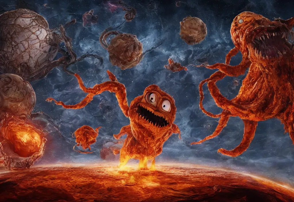 Image similar to eldritch horror bloody garfield in space, hd, 8 k, giant, epic, realistic photo, unreal engine, stars, prophecy, powerful, cinematic lighting, destroyed planet, debris, violent, sinister, ray tracing, dynamic, epic composition, dark, horrific, teeth, grotesque, monochrome drawing, hellscape