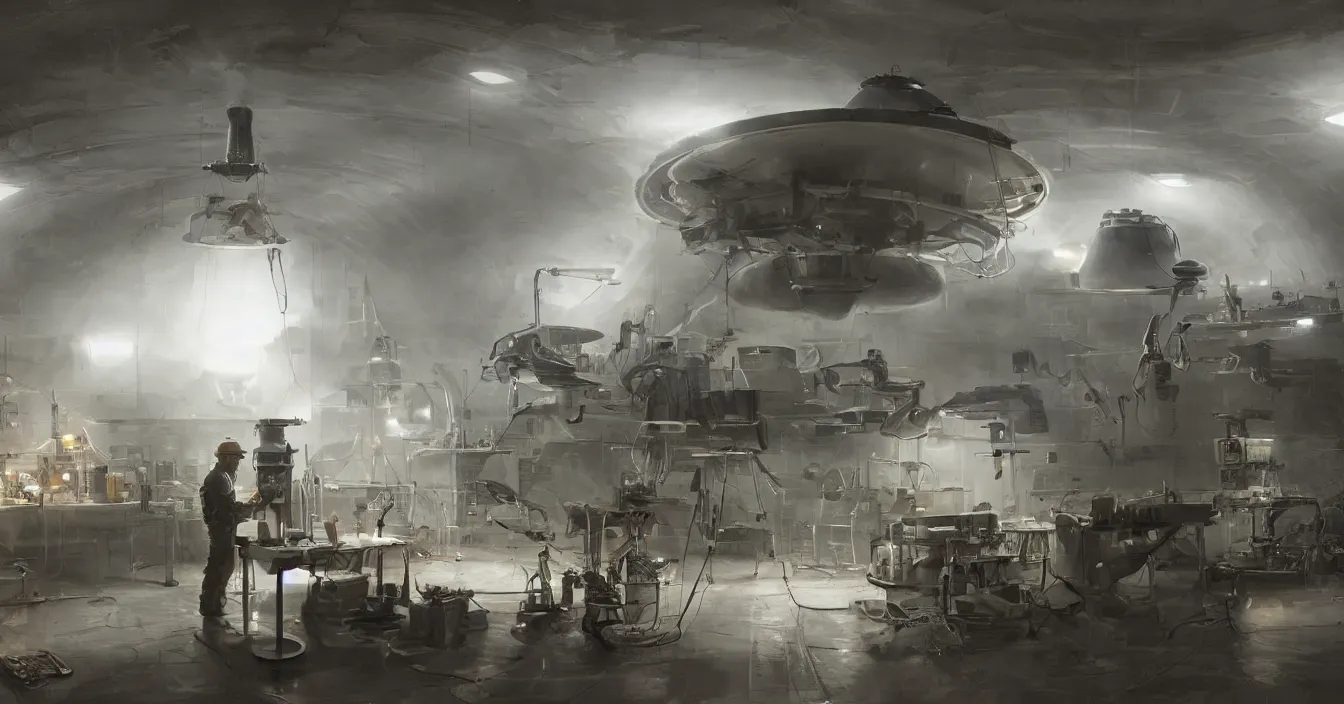 Prompt: engineer repairs secret flying saucer full of modern military equipment, in the laboratory full of tools and electronic machines, high details, volume raytracing fog, wet reflective ground, by james paick, by ilm, by digital domain, by weta digital