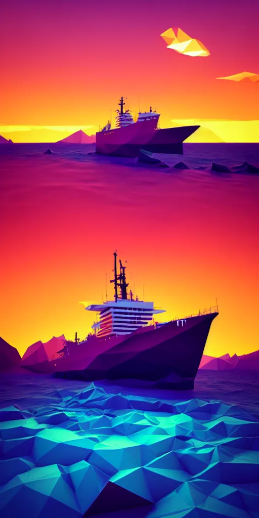 Image similar to super detailed color art, big graphic fishing ship on sunset view with polygonal mountains, unreal engine, high contrast color palette, 3 d render, lowpoly, colorful, digital art, perspective, full volume composition, syd mead