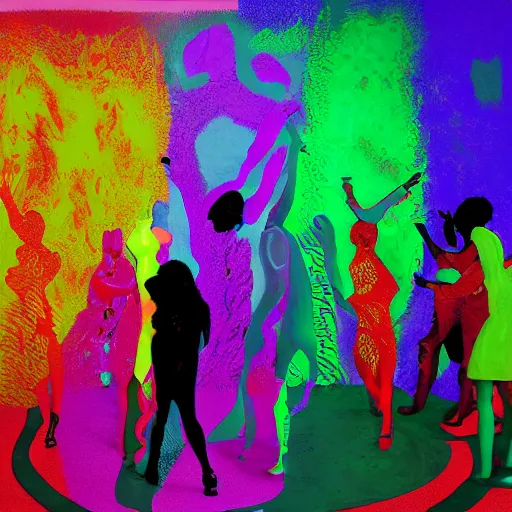 Image similar to liquid people dancing in a colorful room by lynda benglis, hyperrealistic, lightfull shadows, high detail, digital art