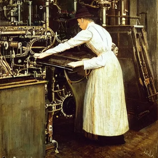 Image similar to edwardian engineer working on a complicated machine, painting by alfred stevens