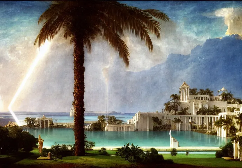 Image similar to Palace floating in heaven, 1km tall, thunderstorm, greek pool, beach and palm trees on the background major arcana sky, by paul delaroche, hyperrealistic 4k uhd, award-winning very detailed, heaven paradise