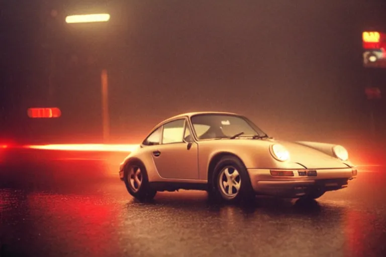 Prompt: a single 1 4 8 0 porsche 9 1 1, speeding down tokyo highway in the rain, night time, lightning, movie still from bladerunner