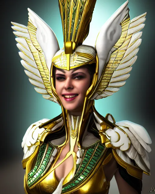 Prompt: smiling egyptian queen wearing white dove wings, warframe armor, regal, attractive, ornate, sultry, elize theron, pretty face, green eyes, scifi platform, 4 k, ultra realistic, epic lighting, illuminated, cinematic, black gold, art by akihito tsukushi, voidstar