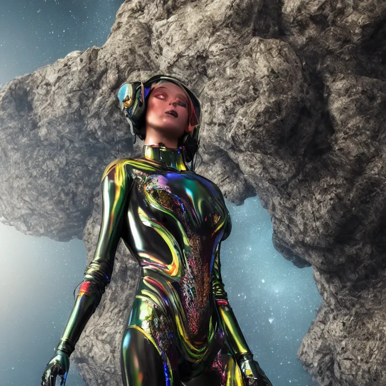 Prompt: octane render portrait by wayne barlow and carlo crivelli and glenn fabry, focus on a woman in a skintight shiny black spacesuit with intricate iridescent metal detailing, covered in bright colorful tropical alien flora in front of a giant photorealistic rocky cliff, cinema 4 d, ray traced lighting, very short depth of field, bokeh