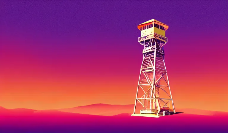 Image similar to a beautiful sharp focus vintage vaporwave ombre vector art rendering, outrun style, of a fire lookout tower on the surface of mars. trending on artstation. recommended for you behance. by edward hopper. by chris moore. beeple colors. ambient occlusion. digital matte painting. metropolis filmic. gotham city. overcast.