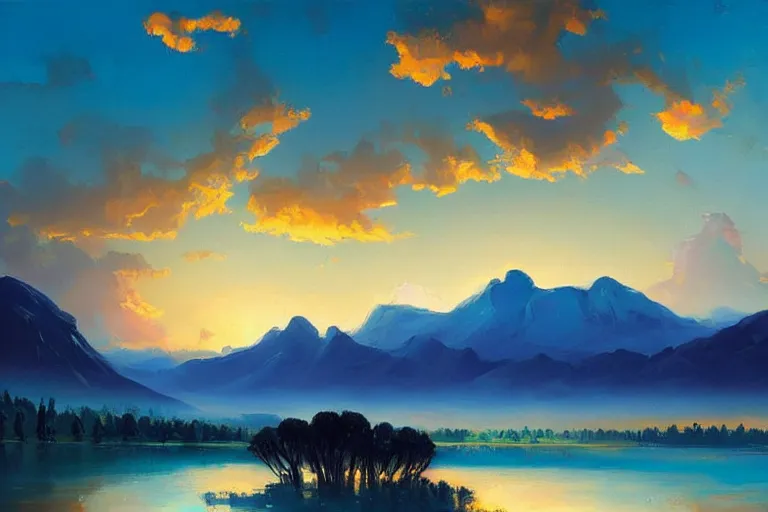 Prompt: a beautiful oil painting abstract nature landscape with clouds, mountains, in background, sunset, by rhads