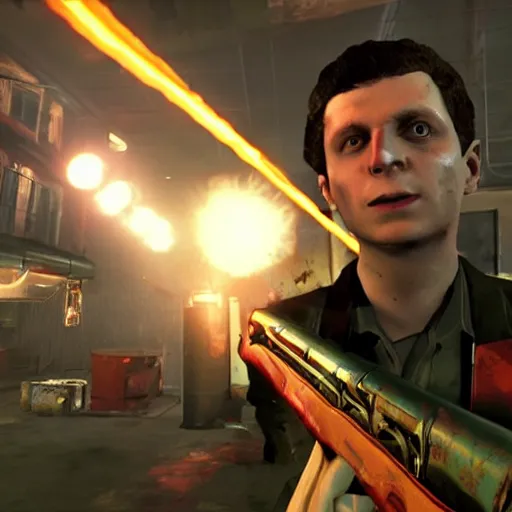 Prompt: michael cera in black ops 2 zombies holding ray gun, hd action screenshot