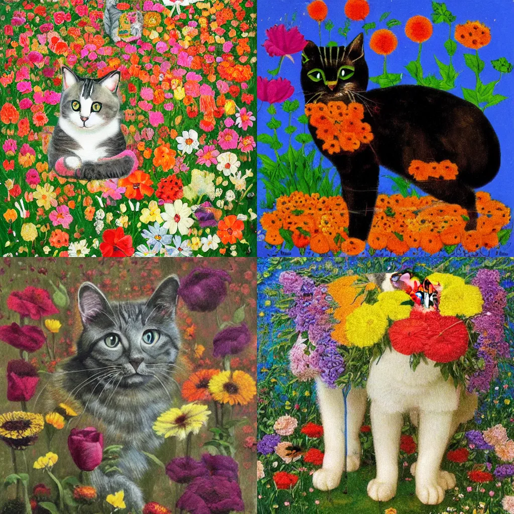 Prompt: a cat made up of flowers. jean michel bihorel