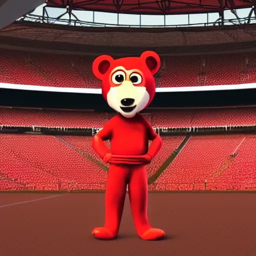 Prompt: A sportsman bear character running on a stadium. Red outfit. Digital art Pixar character