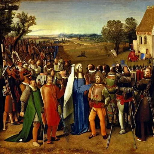 Image similar to a king and his knights standing over poor peasants, historical painting