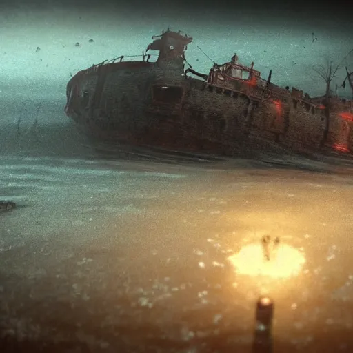 Image similar to an old ship on the bottom of the ocean that sunk long ago. mysterious, intimidating, haunted. horror movie screencap. epic. trending on artstation