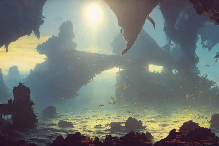 Prompt: a scenic landscaping view of the lost and abandoned city of Atlantic under water, ray of sunlight, whale fall, Greg Rutkowski, Moebius, Mohrbacher, Mucha, blue and gold color scheme, ultra wide angle, light effect