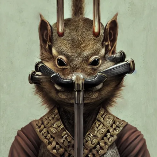 Image similar to detailed baroque portrait of a grotesque squirrel in a Japanese helmet and with katana, realistic creature concept, gazing eyes, beautiful eyes medium shot, elegant pose, fantasy, illustration, artstation, cinematic lighting, hyperdetailed, cgsociety, 8k Resolution, high resolution, Charlie Bowater, Tom Bagshaw, Tom Richmond, single face, insanely detailed and intricate, beautiful, elegant, golden ratio