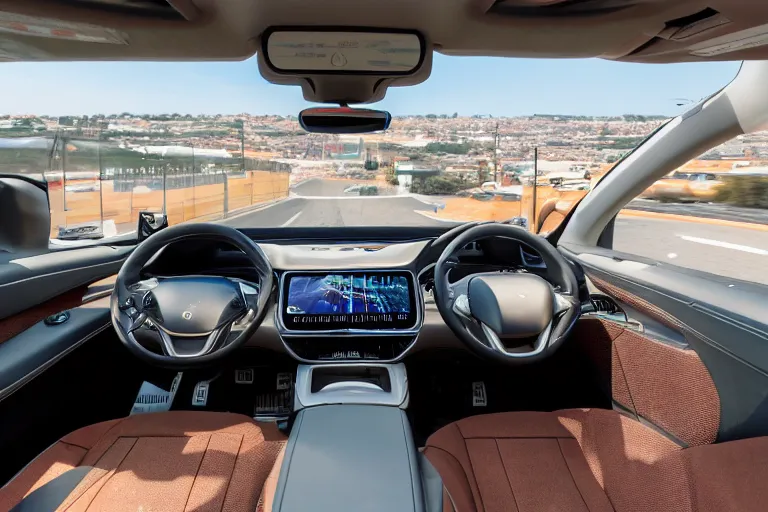 Image similar to a high-detailed picture from the inside of a driving autonomous car without people driving in a city, 8k, photo-realistic, published in a scientific journal