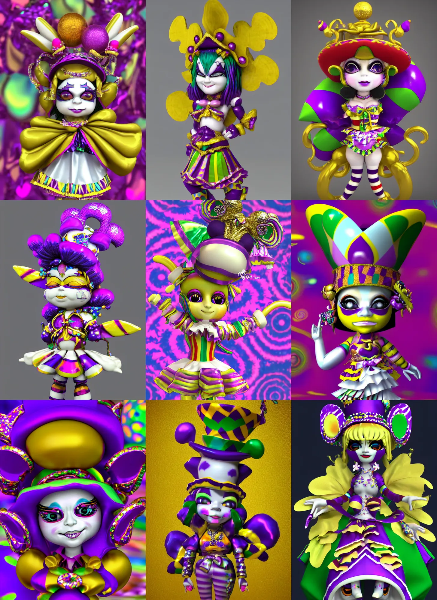 Prompt: 3d render of chibi 'porcelain Mardi Gras jester harlequin doll' by Ichiro Tanida wearing a 'jester cap and bells cockscomb cap' and wearing angel wings against a psychedelic swirly background with 3d butterflies and 3d flowers n the style of 1990's CG graphics 3d rendered y2K aesthetic by Ichiro Tanida, 3DO magazine