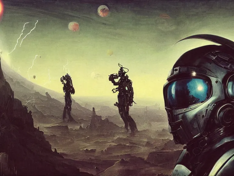 Prompt: a detailed profile painting of a bounty hunter in armour and visor, cinematic sci-fi poster. Spaceship high in the background. Flight suit, anatomy portrait symmetrical and science fiction theme with lightning, aurora lighting clouds and stars. Clean and minimal design by beksinski carl spitzweg and tuomas korpi. baroque elements. baroque element. intricate artwork by caravaggio. Oil painting. Trending on artstation. 8k