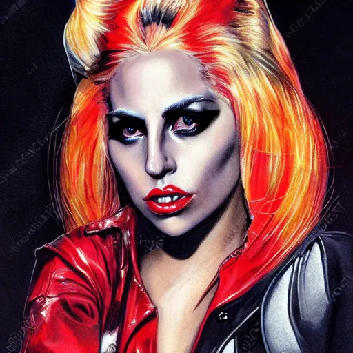 Prompt: detailed details photorealistic pictures lady gaga harley queen full body posse in the style of bob peak and alex ross, gouache and wash paints color, detailed details facial and body and human and environments and proportionate, detailed 5 k details.