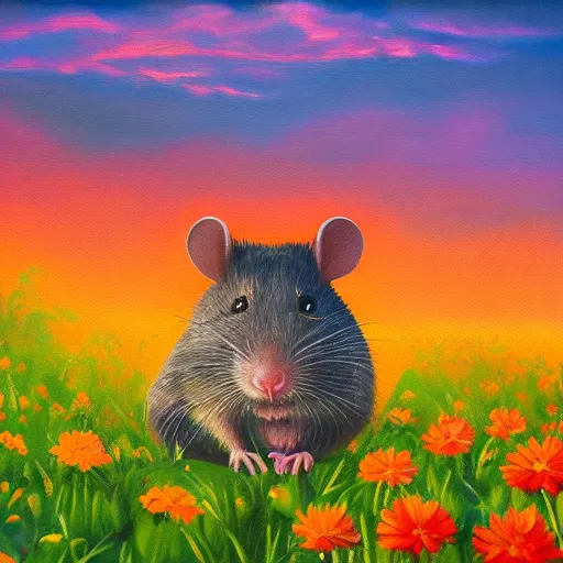 Prompt: an oil painting of a rat in a flower field, colorful, artstation, miyazaki, sunrise, very high detail