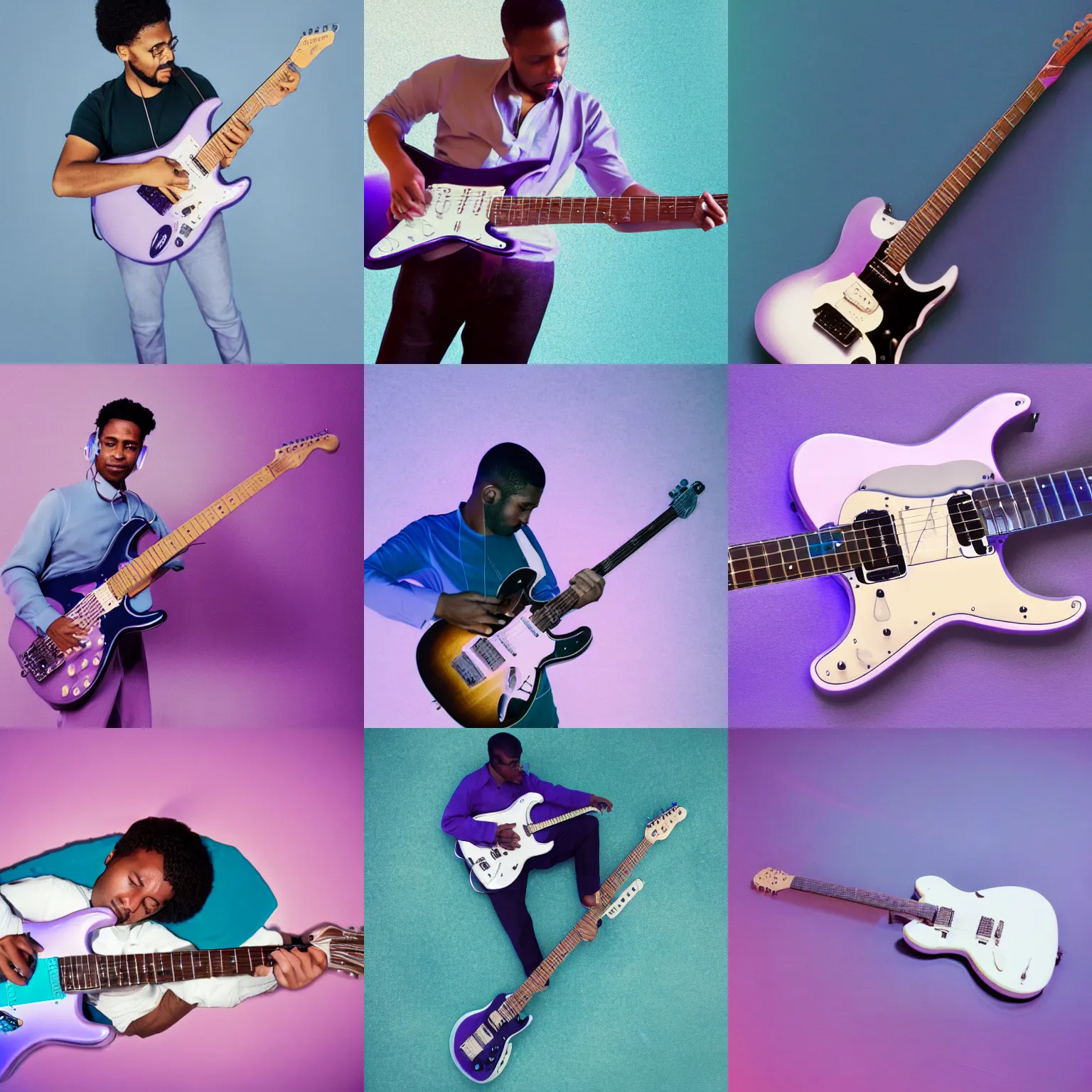 Prompt: aerial photograph of a man with brown skin and short teal blue hair playing a white electric guitar laying in periwinkle light purple water, top down film photograph