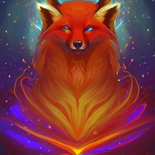 Prompt: a stylized portrait for an avatar of an awesome cosmic powerful anthropomorphic foxfolk mage themed around death and the stars and the cosmos, in the style of dnd beyond avatar portraits, beautiful, artistic, elegant, lens flare, magical, lens flare, nature, realism, stylized, art by jeff easley