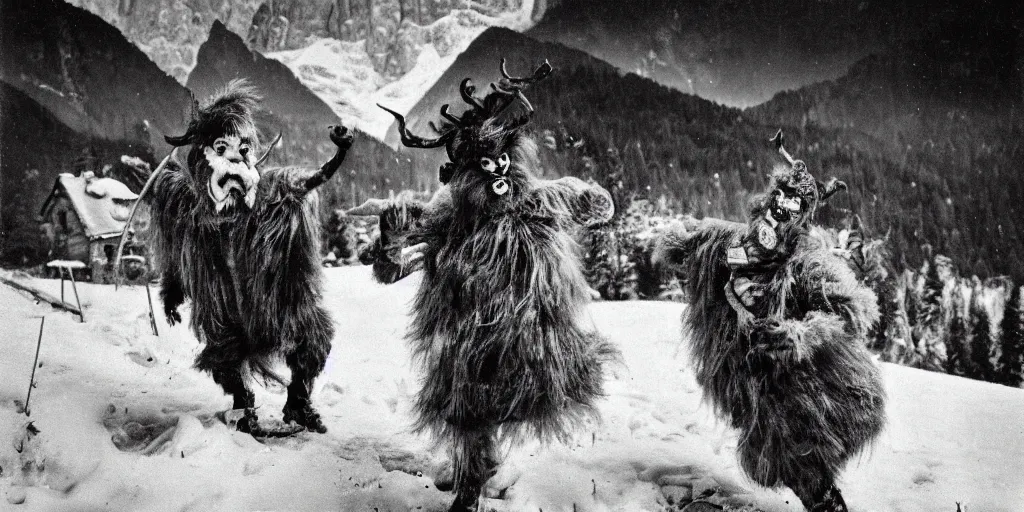 Image similar to krampus with big beak dancing in dolomites, hay fur, austrian folklore, 1920s photography, grainy, eerie, dark