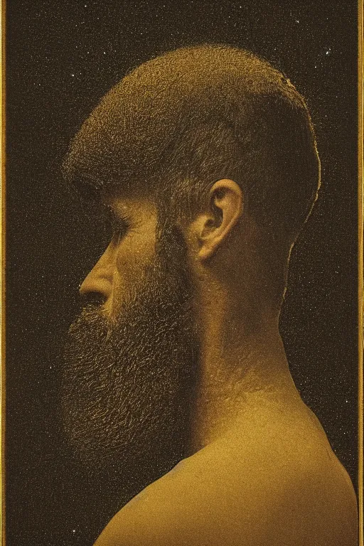 Prompt: a man's face in profile, long beard, made of the cosmos, in the style of the Dutch masters and Gregory crewdson, dark and moody