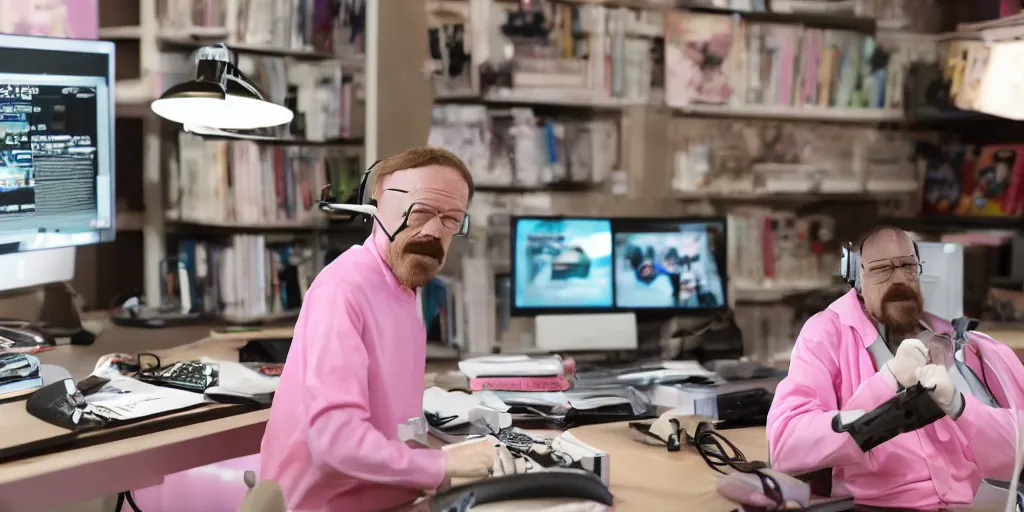 Prompt: walter white wearing pink headphones and sitting at his desk gaming, incredibly detailed, sharp focus, hyper realistic, sony 3 5 mm lens