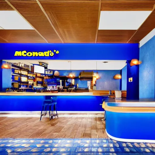 Image similar to McDonald's Restaurant, Blue themed, blue colors, blue walls, blue logo, 4k, realistic, award-winning photograph