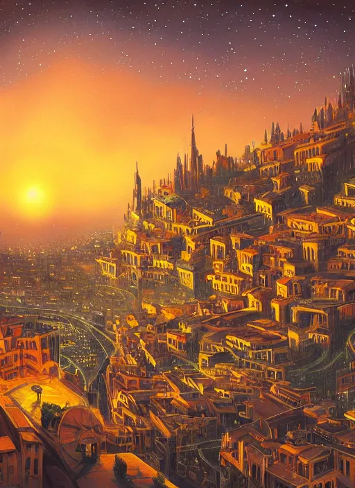 Prompt: ethereal starlit city of dreams at sunset, italian futurism, da vinci, hd, digital painting