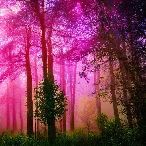 Image similar to old forest with glowing trees and glitter dust in cosmic color fog