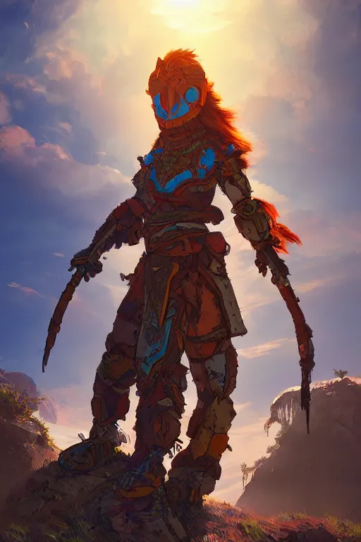 Image similar to combination suit armor aloy horizon forbidden west horizon zero dawn radiating a glowing aura global illumination ray tracing hdr fanart arstation by ian pesty and alena aenami artworks in 4 k tribal robot ninja mask helmet backpack