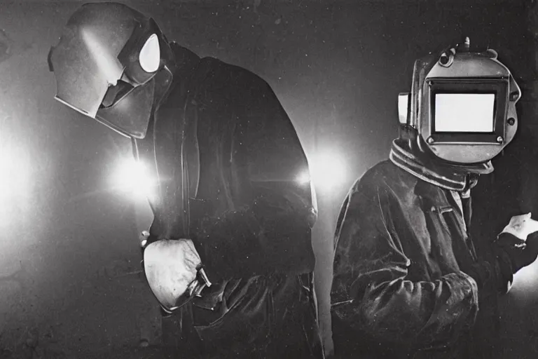 Prompt: welder in welding mask in a berlin dance club, ominous lighting, by richard avedon, color