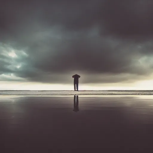 Prompt: a man standing in front of a body of water, an album cover by hallsteinn sigurðsson, pexels contest winner, institutional critique, angelic photograph, high quality photo, bryce 3 d