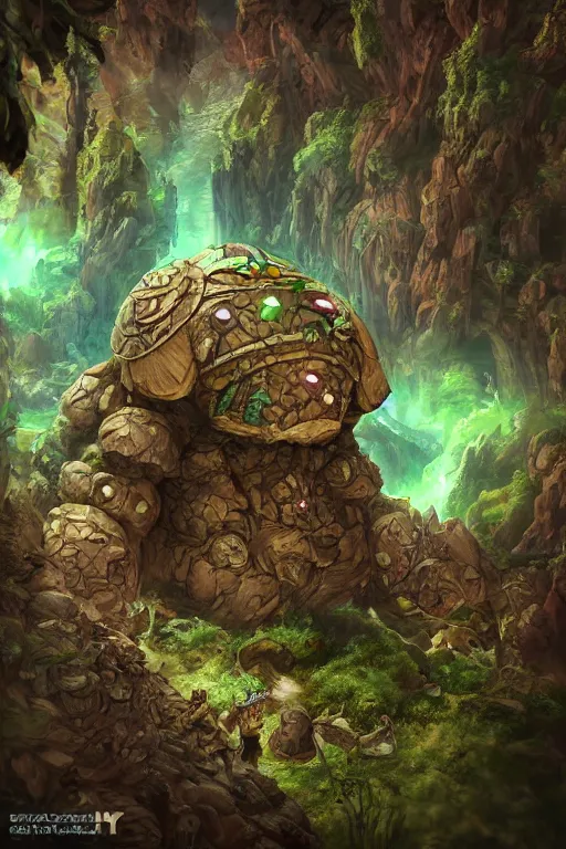 Image similar to zelda fantasy art giant golem troll wood rock greeble gemstone, global illumination ray tracing hdr fanart arstation by sung choi and eric pfeiffer and gabriel garza and casper konefal