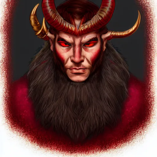 Image similar to dnd style portrait of a tiefling, male, red scales, red skin, a big black beard, completely golden eyes, 2 black ram horns growing out of his forehead,