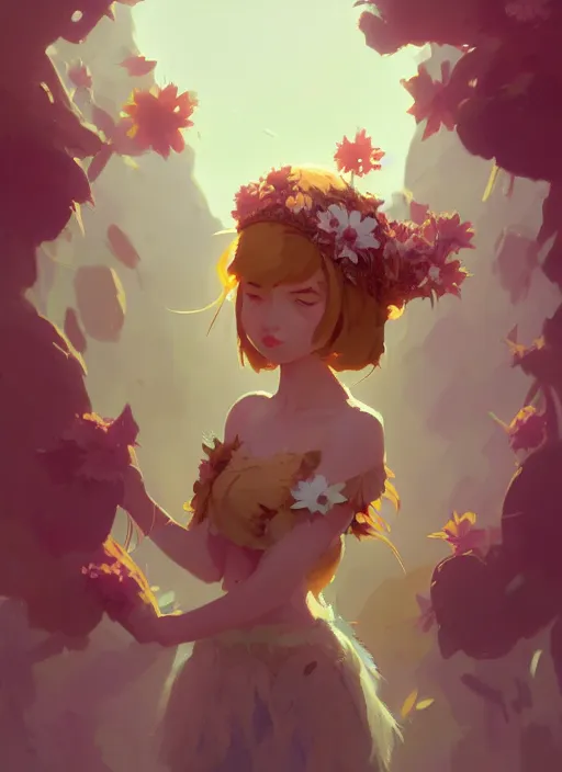 Image similar to portrait of cute fairy girl with crown of flowers fantasy, by atey ghailan, by greg rutkowski, by greg tocchini, by james gilleard, by joe gb fenton, by kaethe butcher, dynamic lighting, gradient light yellow, brown, blonde cream and white color in scheme, grunge aesthetic