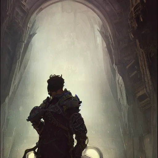 Image similar to portrait of an artificer, dungeons and dragons character, dramatic lighting, castle background, gorgeous view, realistic, high detail, digital art, painted by greg rutkowski, painted by jeremy mann, painted by alphonse mucha, trending on artstation