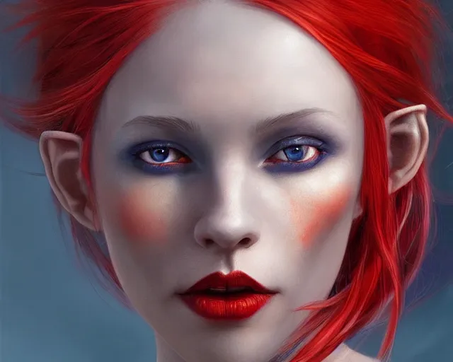 Image similar to A detailed matte oil on canvas head on symmetrical portrait of a distinguished elven woman with red and blue hair on an empty background, by Charlie bowater, Lise Deharme, Wlop, trending on artstationhd, dungeons and dragons art, parted hair , half blue, half red , split dye, critical role